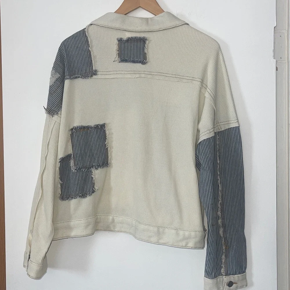 POL Ivory Multi Pinstripe Oversized Distressed Patchwork Jacket small NWT - Picture 5 of 7
